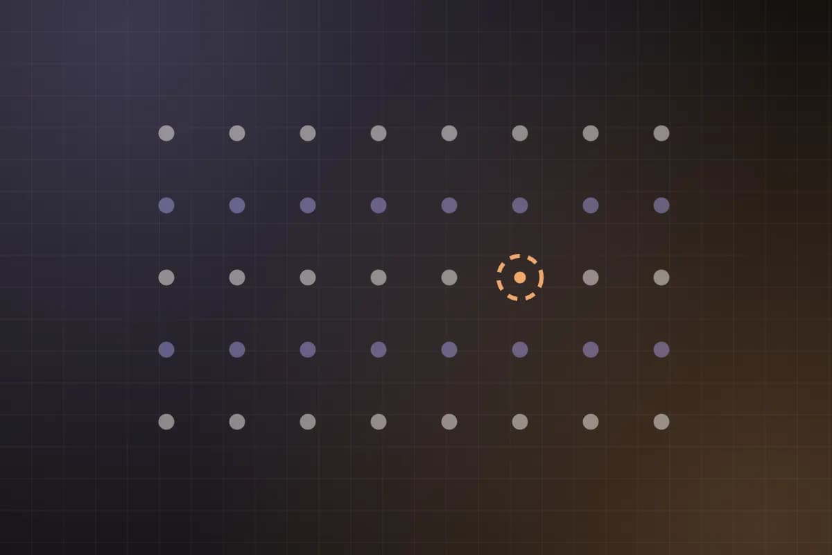 A regular grid of small dots, one of which is amber and ringed by a dashed circle: the invented field among the real ones.