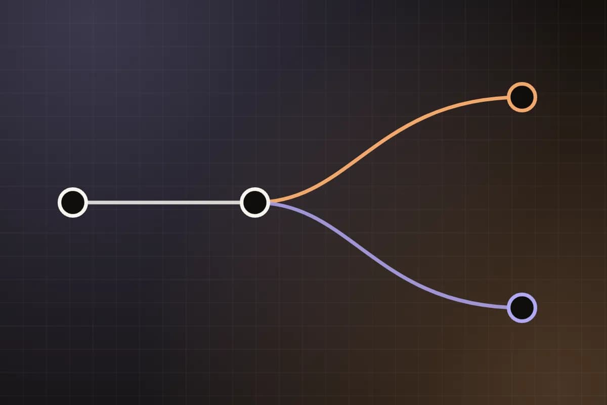 A path of connected nodes that runs straight, then forks into two branches ending at different points.